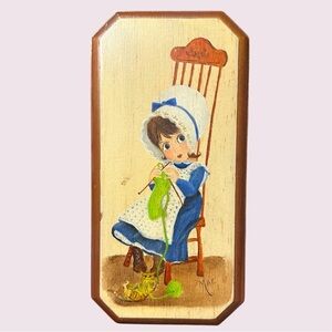 Vintage 70s big eye girl wooden art